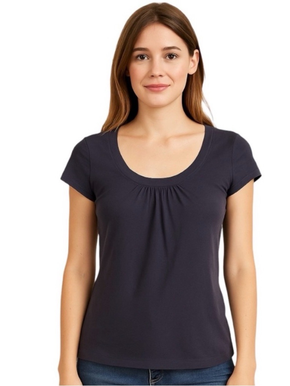 Ann Taylor LOFT Navy Blue Scoop Neck Pleated Tee Shirt Size XS Cotton Blend